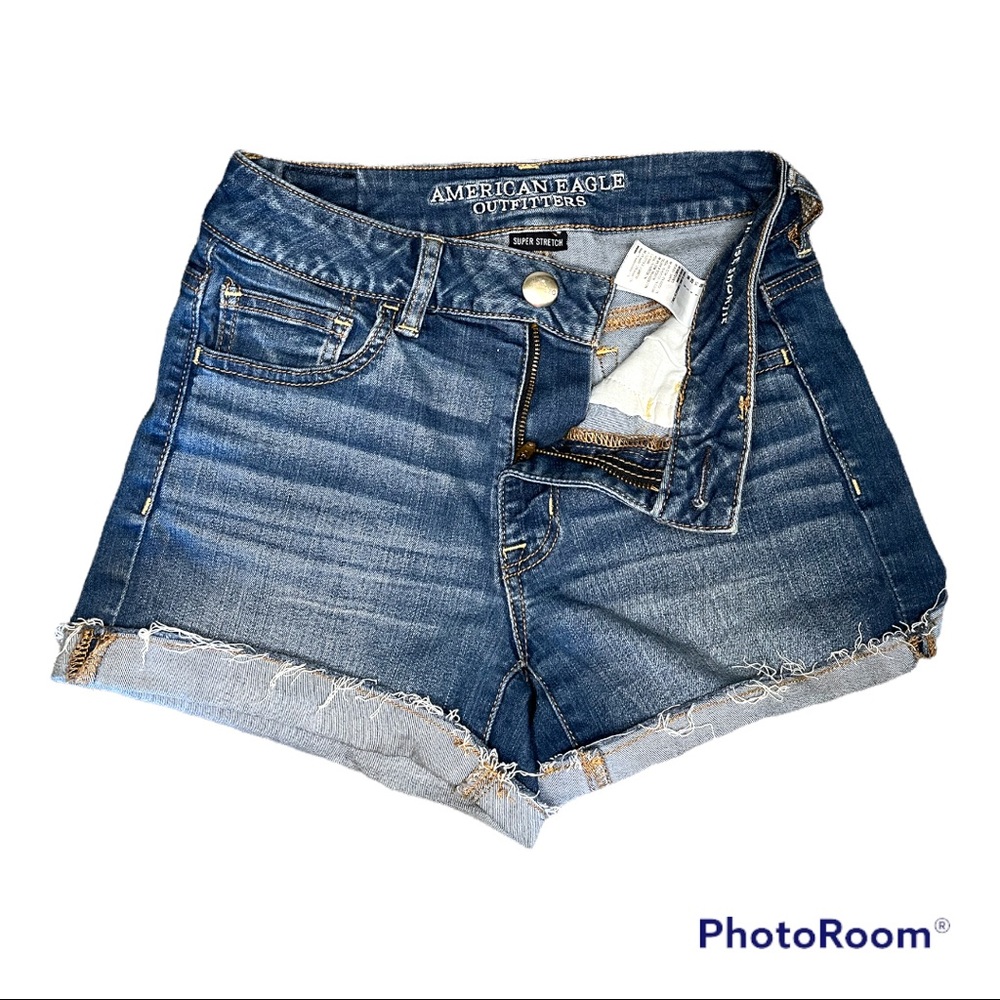 American Eagle Medium Wash Hi-Rise Shortie Jean Shorts